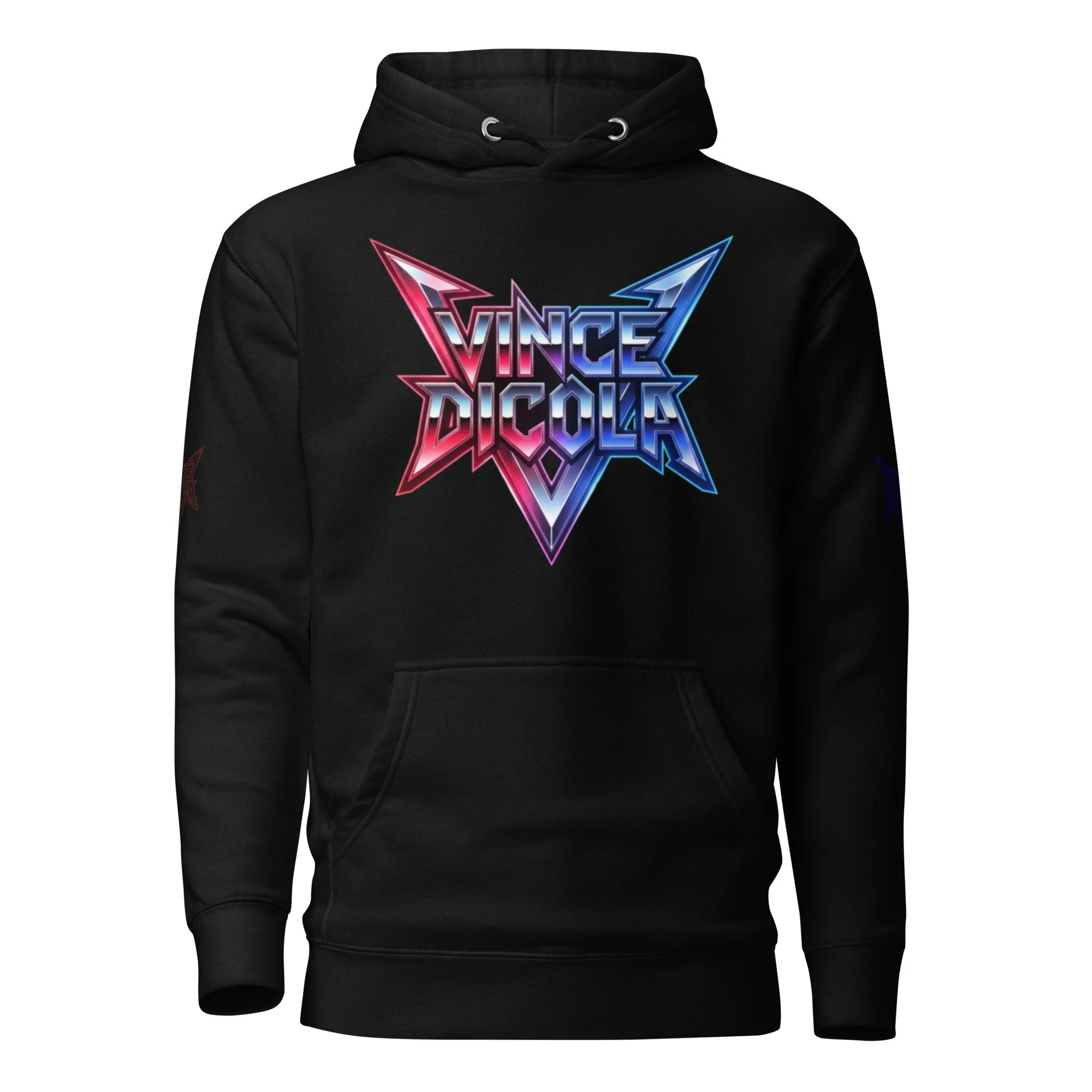 Vince DiCola premium hoodie in black — TFTM 40 colorway chest logo, silver metallic back logo, blue and red sleeve prints, official merchandise