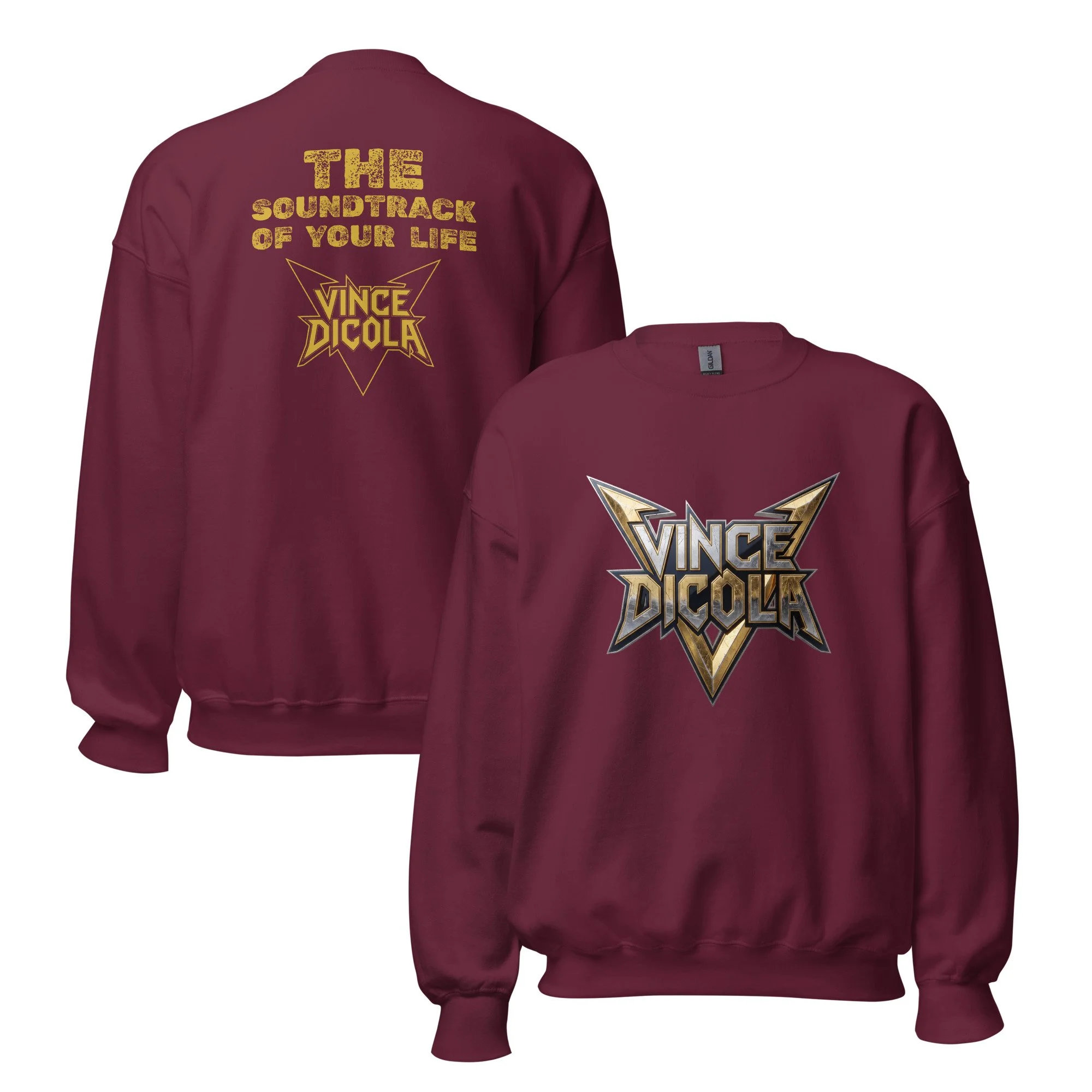 Vince DiCola crewneck sweatshirt in maroon — gold/silver metallic front logo, bold "The Soundtrack Of Your Life" back print, official merchandise