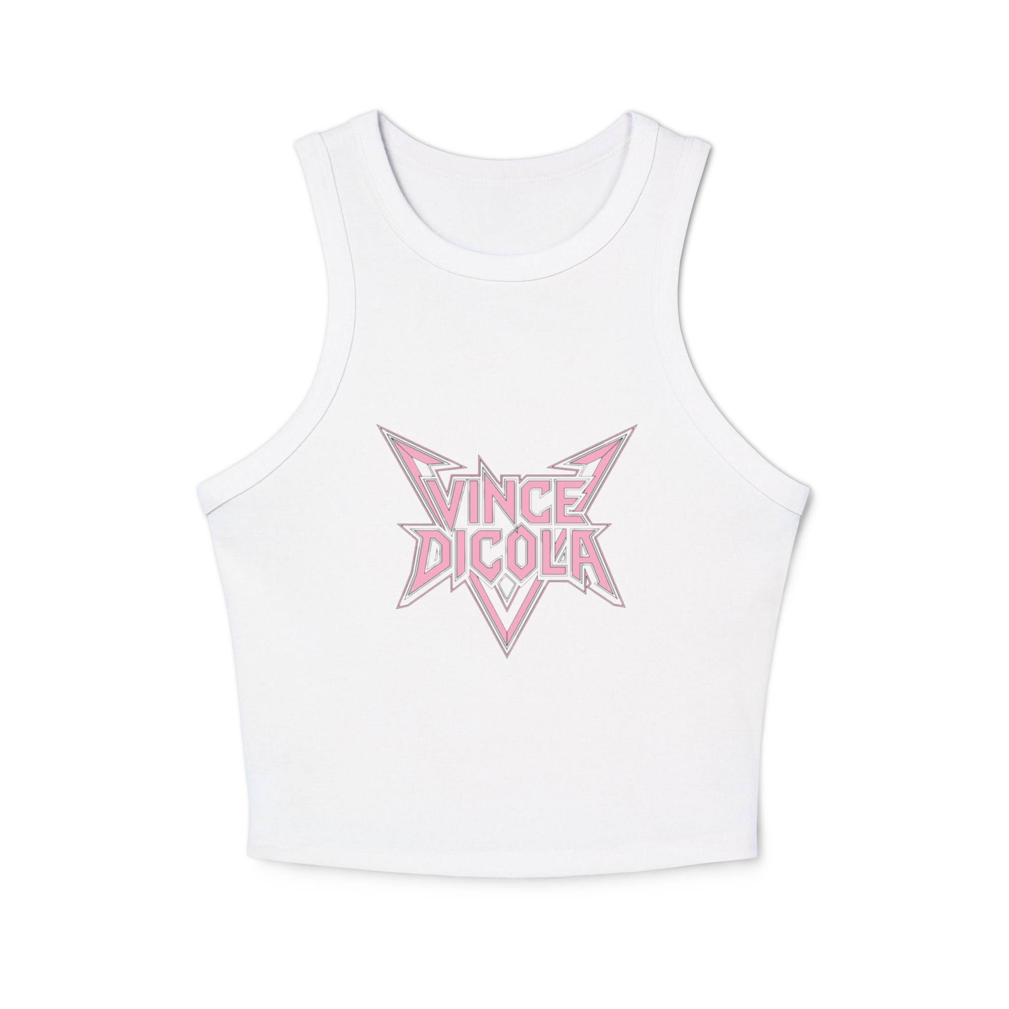 Official Vince DiCola women's racer tank \"Danielle's Pick\" — front view with large distressed rose Vince DiCola outline logo, light colors, premium DTF print