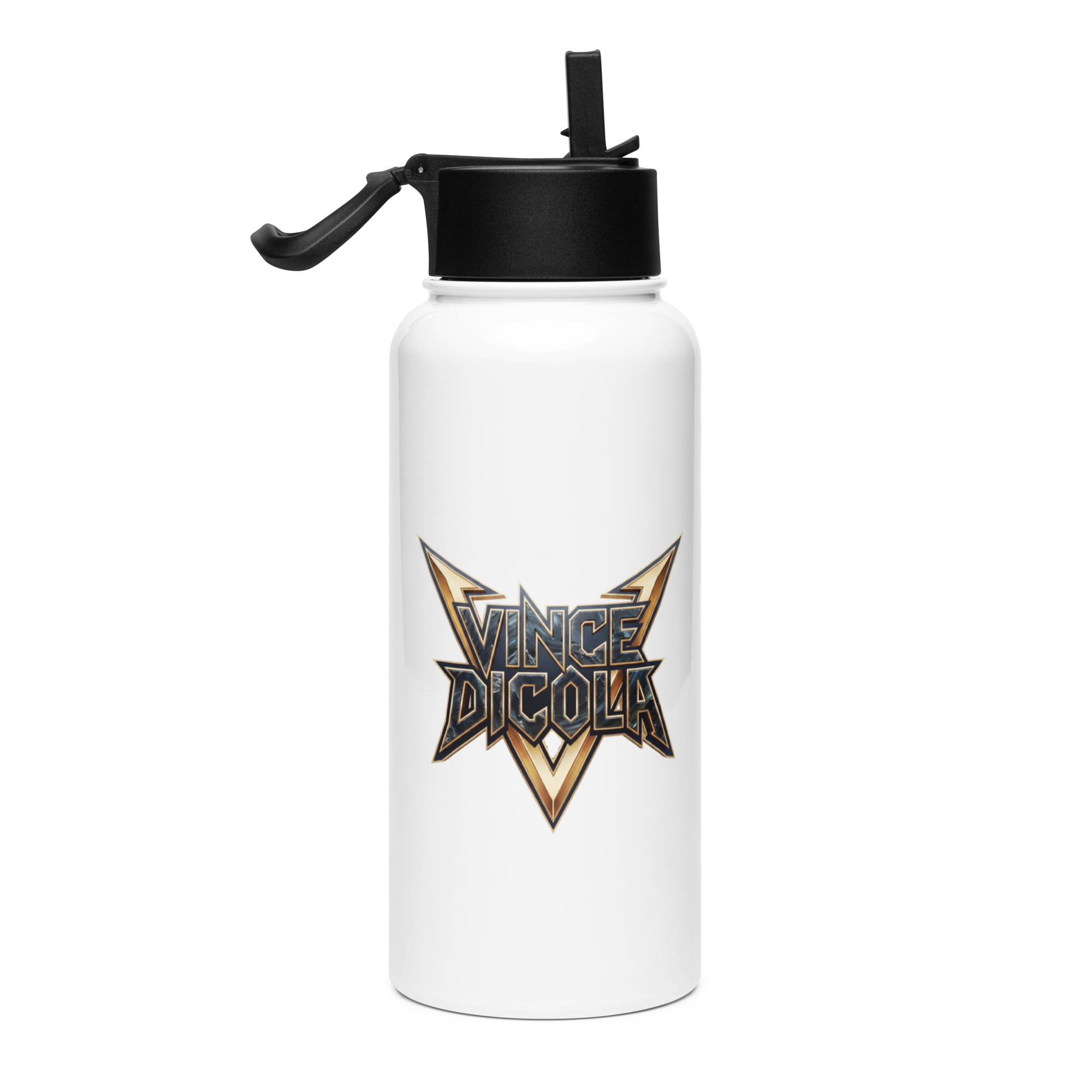 Official Vince DiCola water bottle The Soundtrack Of Your Life — front view with Black Gold Obsidian logo, white 32 oz stainless steel, glossy finish