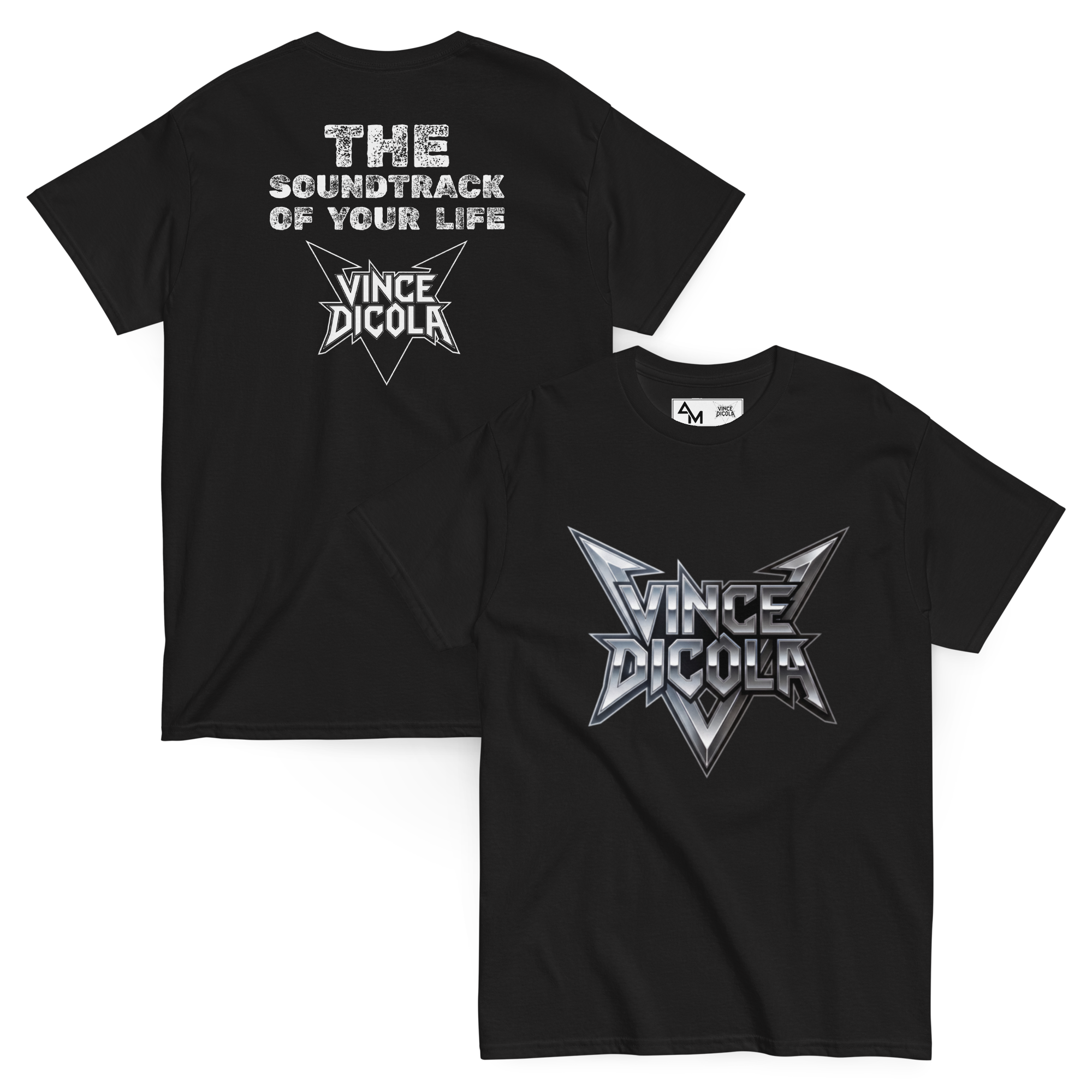 Front and back view of the Official Vince DiCola t-shirt "The Soundtrack Of Your Life" — large silver metallic front logo and bold back print with outline logo, dark colors, premium DTF print
