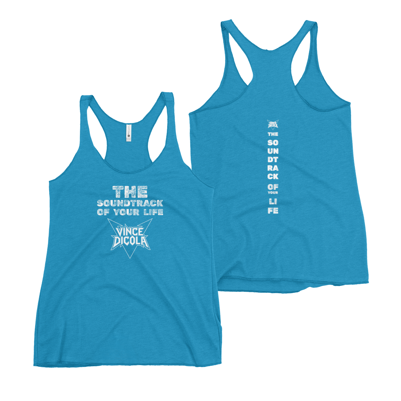 Front and back view of the Official Vince DiCola women's racerback tank "The Soundtrack Of Your Life" — distressed white slogan with outline logo on the front and vertical slogan on the back