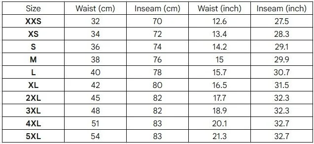 Chart displaying size measurements for clothing, including waist, inseam, and their conversions from centimeters to inches for sizes XXS to 5XL.
