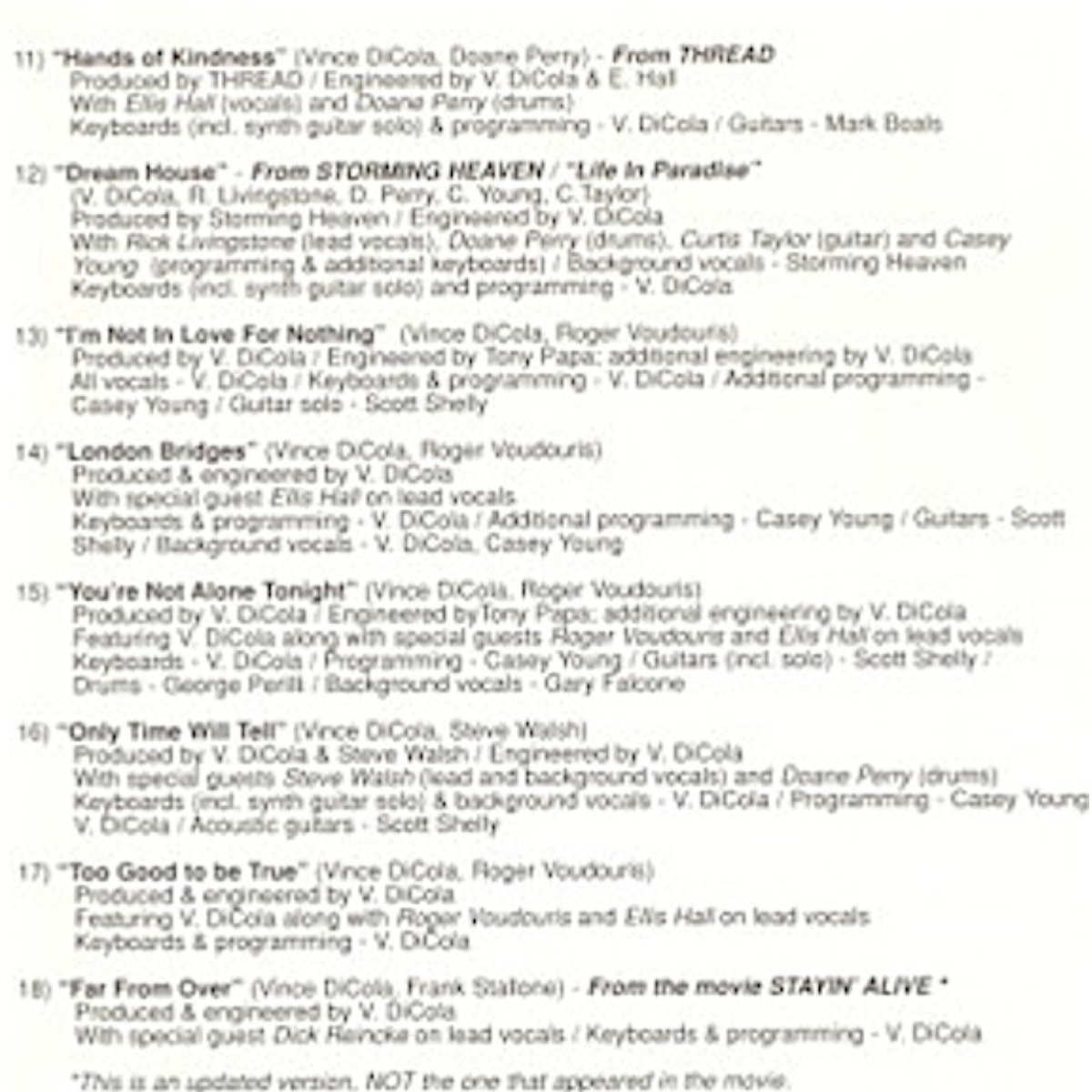 In-Vince-ible! booklet — vocal tracklist featuring Ellis Hall, Steve Walsh and Roger Voudouris
