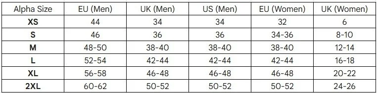 Size chart comparing EU, UK, and US men's and women's shoe sizes for XS to 2XL.