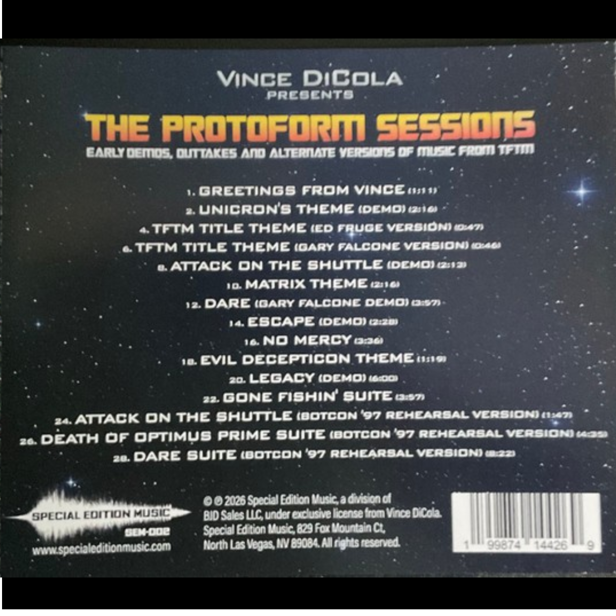 The Protoform Sessions back cover with full tracklist — Special Edition Music 2026 reissue