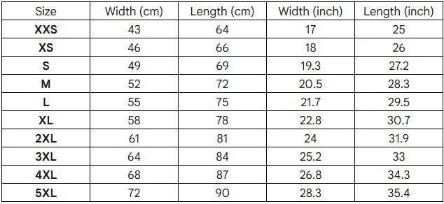 Chart displaying clothing size measurements in centimeters and inches for sizes XXS to 5XL, including width and length.