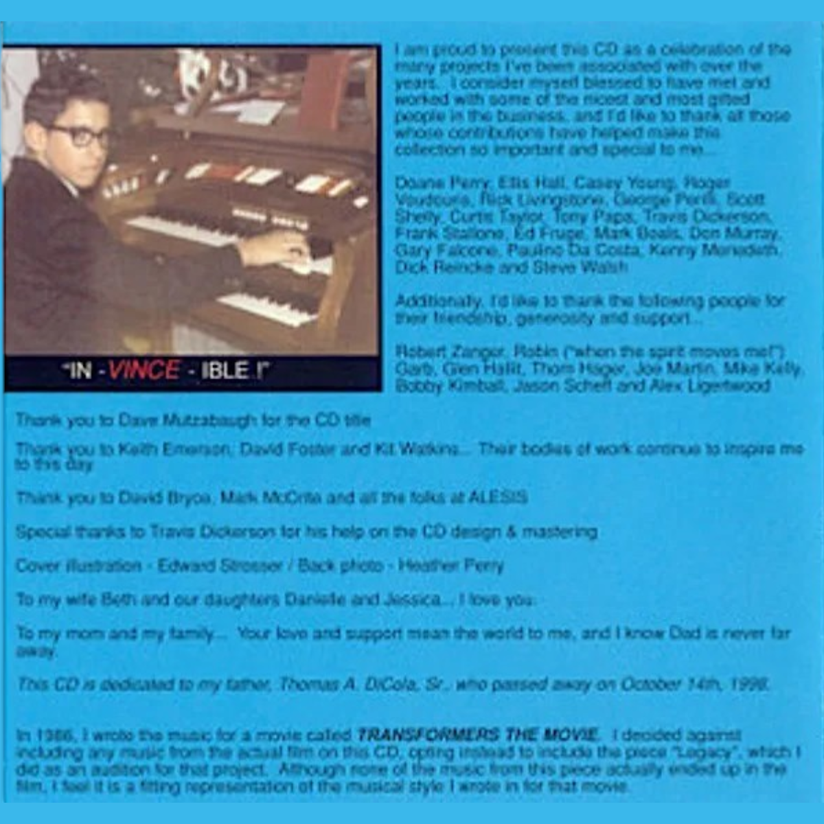 In-Vince-ible! liner notes — Vince DiCola's personal dedication and thank-you notes