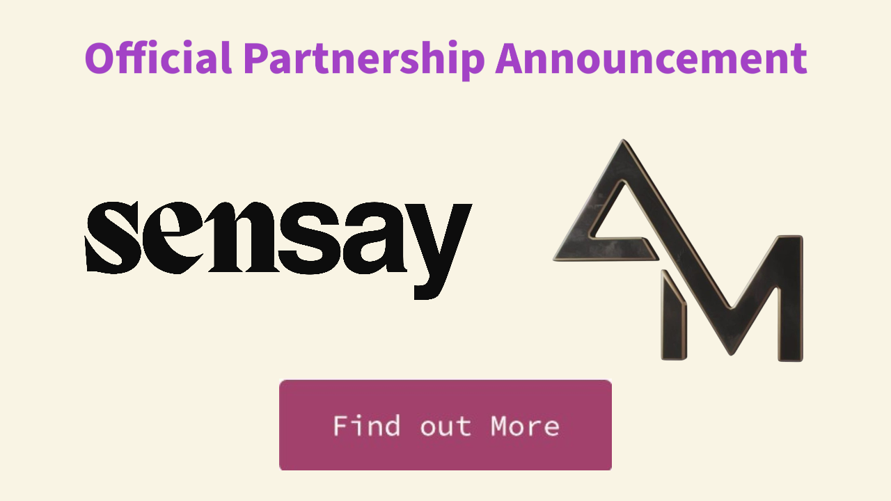 Announcement of an official partnership between Sensay and a company with a triangular and 'M' shaped logo, with a "Find out More" button.