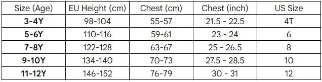 Size chart for children's clothing, displaying age ranges, EU height, chest measurements in centimeters and inches, and corresponding US sizes.