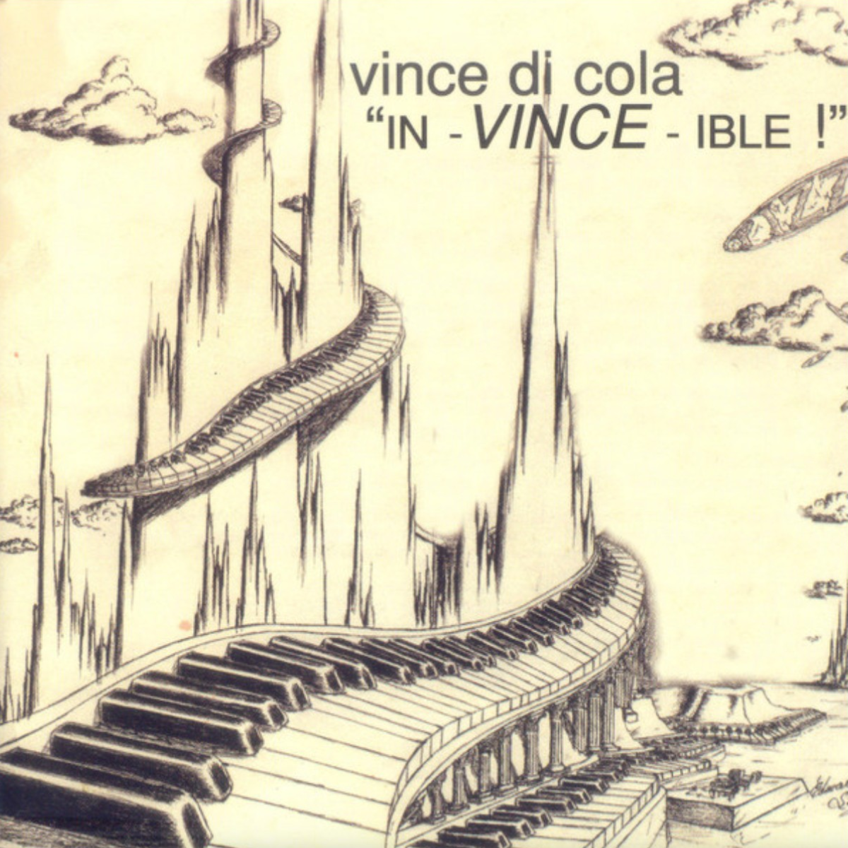 In-Vince-ible! front cover — pencil artwork of a city built from piano keys, Vince DiCola solo album