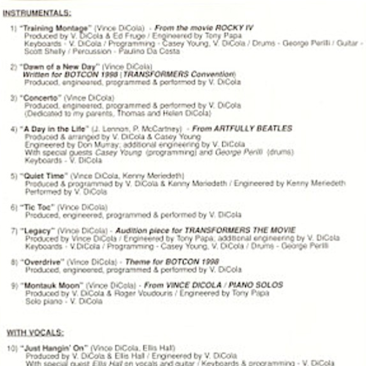 In-Vince-ible! booklet — instrumental tracklist with Training Montage from Rocky IV and Legacy
