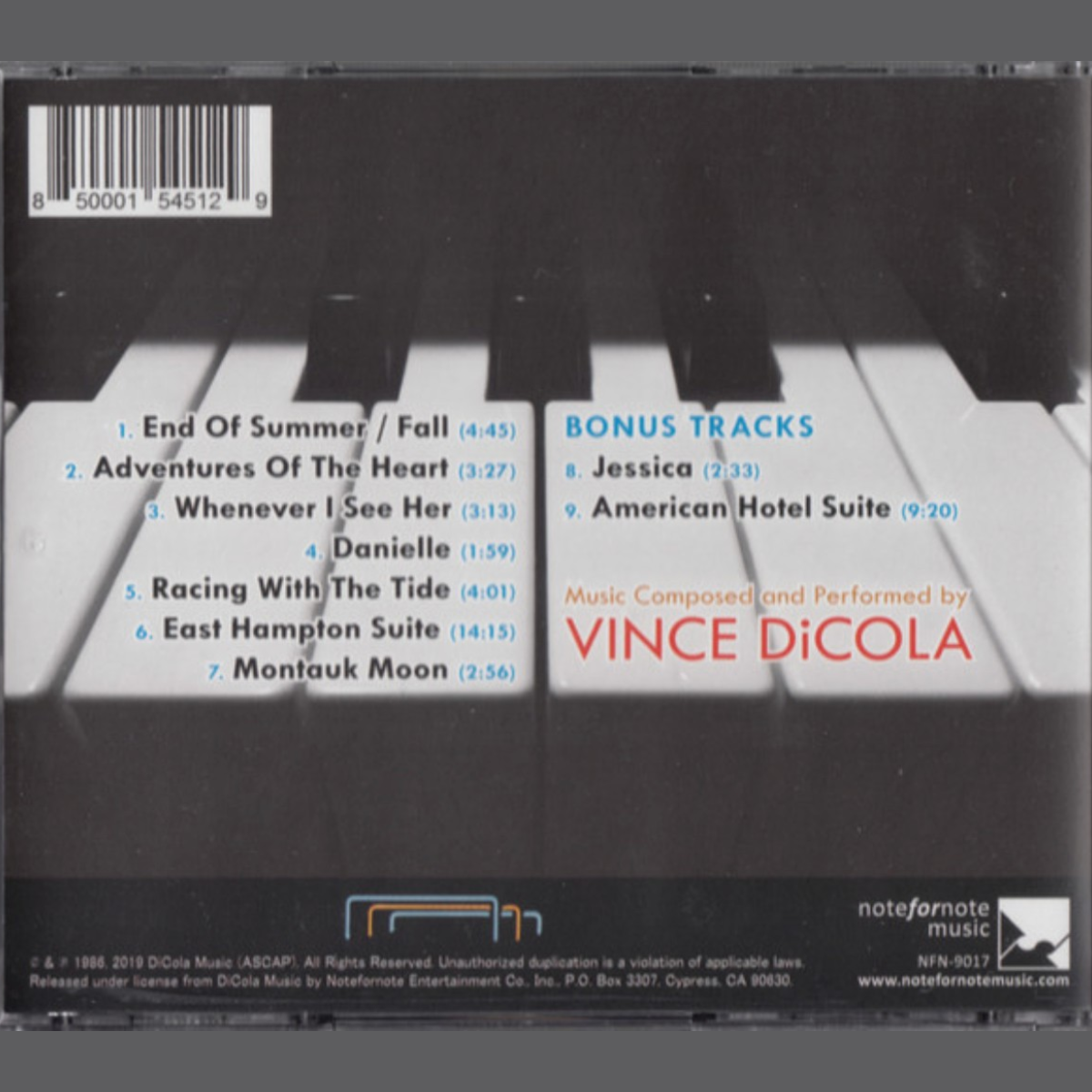 Vince DiCola Piano Solos back cover with tracklist — remastered reissue with two bonus tracks, NFN-9017