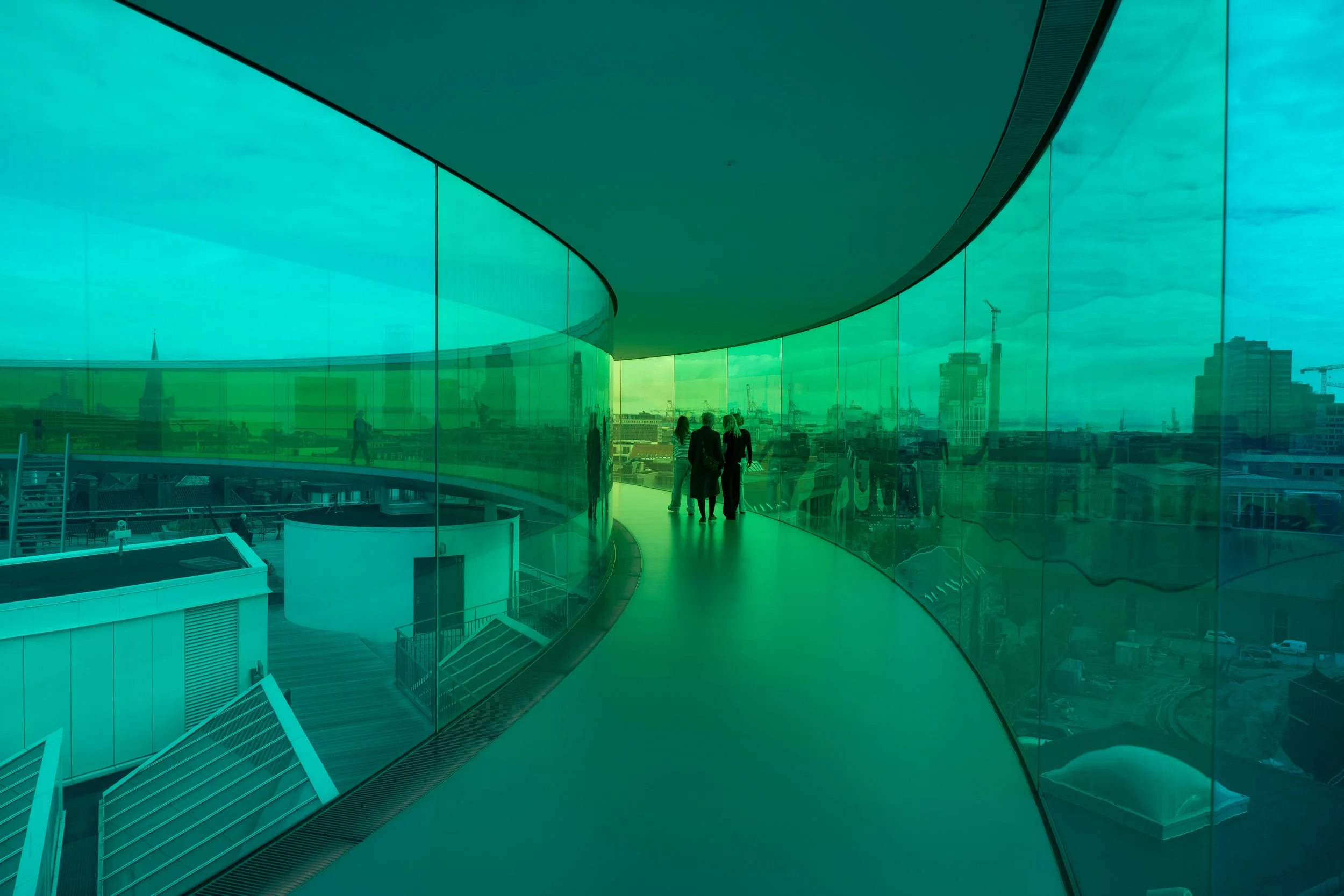 People glass walkway office building