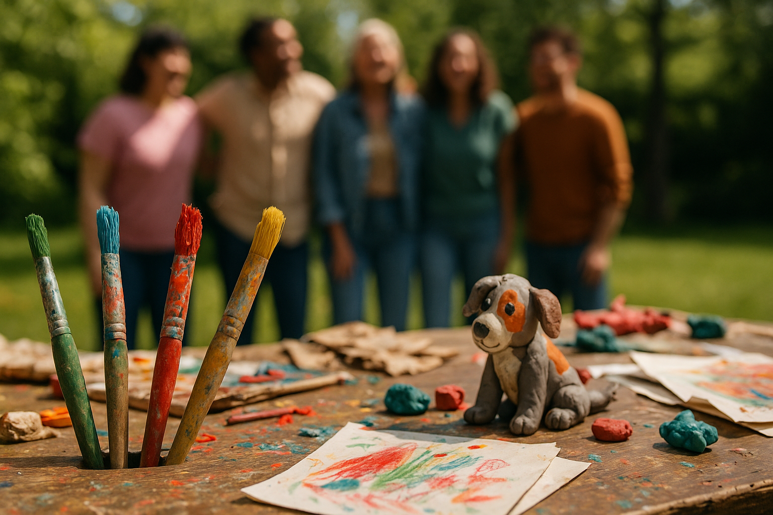 A table with colorful paint brushes, paintings, and a dog-themed clay sculpture in the foreground, with five people standing outdoors blurred in the background, enjoying a sunny day.
