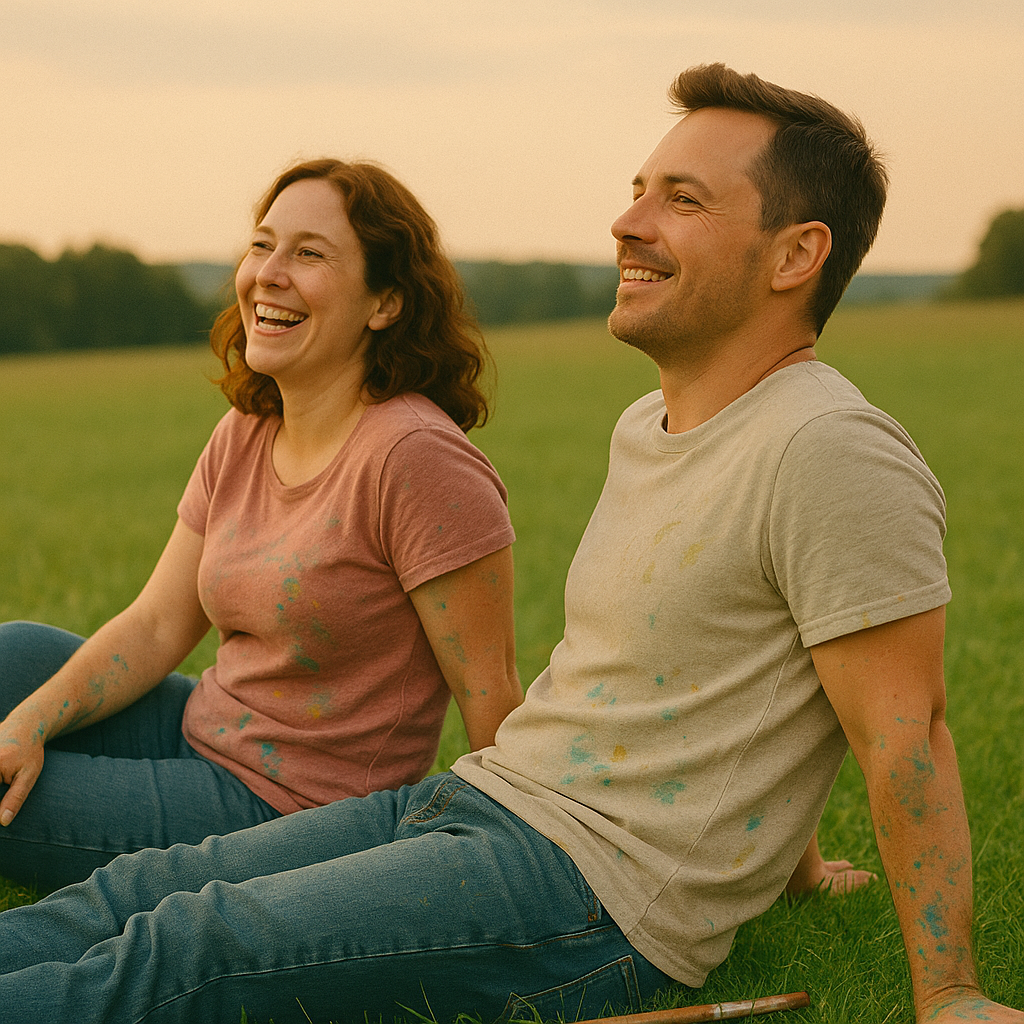 A smiling woman with curly red hair and a man with short dark hair sitting outdoors on grass at sunset, both wearing casual t-shirts with paint splatters.