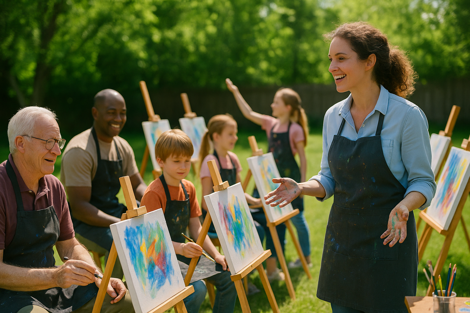 A group of people participating in an outdoor painting class, sitting at easels with colorful canvases, while an instructor talks to them, all in a green park setting.