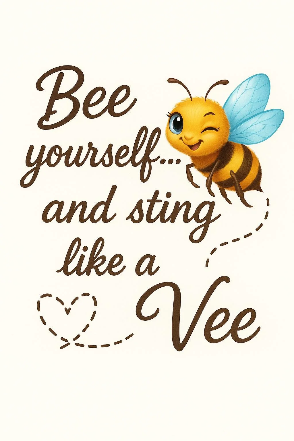 A cute animated bee with blue wings and a winking face next to the text 'Bee yourself... and sting like a Vee' in brown cursive font.