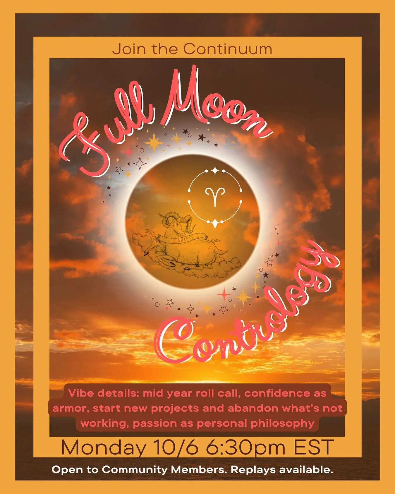 Join the Continuum community for first post eclipse season class! 🔥 Full Moon in Aires class on Monday October 6th, at 6:30p Add some pep to your step with this foundational level classical Pilates class designed for all bodies and experience levels