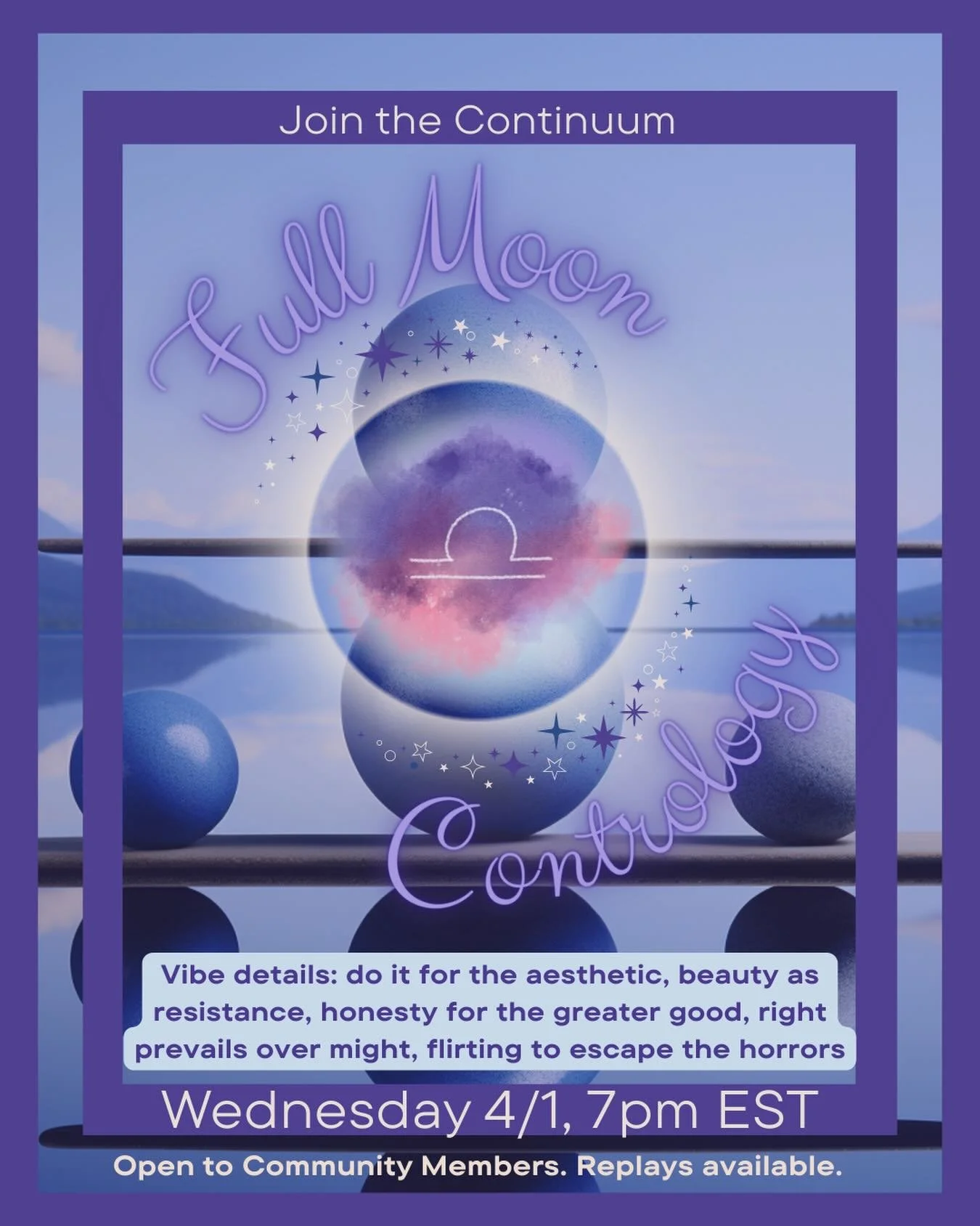 Join the Continuum crew for our Full Moon in Libra class on Wednesday April 1st, at 7p EST. For the first Full Moon after eclipse season, find a big release towards momentum at this foundational level classical Pilates class designed for all bodies a