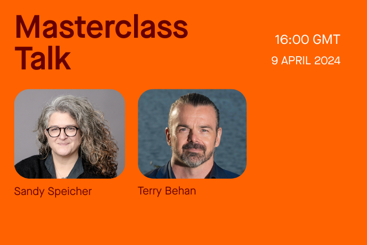 Orange promotional poster for a masterclass talk featuring photos of Sandy Speicher and Terry Behan, scheduled for 16:00 GMT on April 9, 2024.