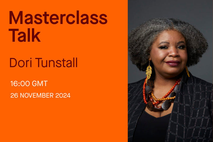 Event poster with orange background promoting a masterclass talk by Dori Tunstall scheduled for November 26, 2024, at 4:00 PM GMT, featuring a portrait of Dori Tunstall with gray hair, statement earrings, and a black blazer.