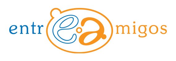 Logo with the words 'entremigos' and stylized letters in blue, orange, and black.