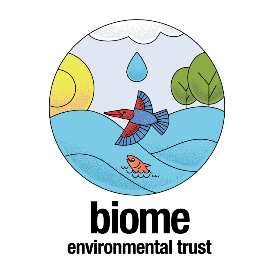 Circular illustration of a bird with colourful feathers flying over a body of water, with a fish jumping out, surrounded by trees, hills, and a sun in the sky. Underneath, text that reads "Biome environmental trust"