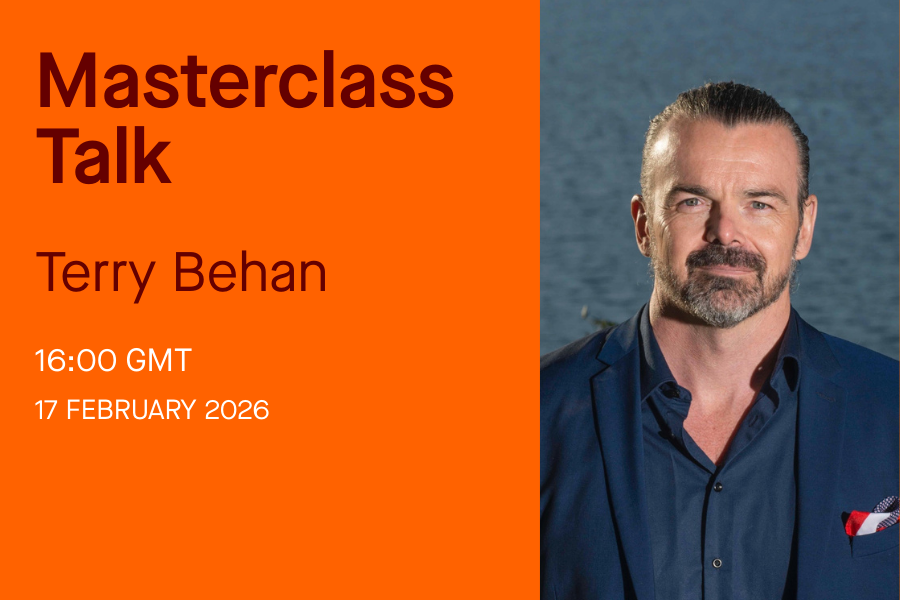 Headshot of Terry Behan with the text Masterclass Talk on an orange background