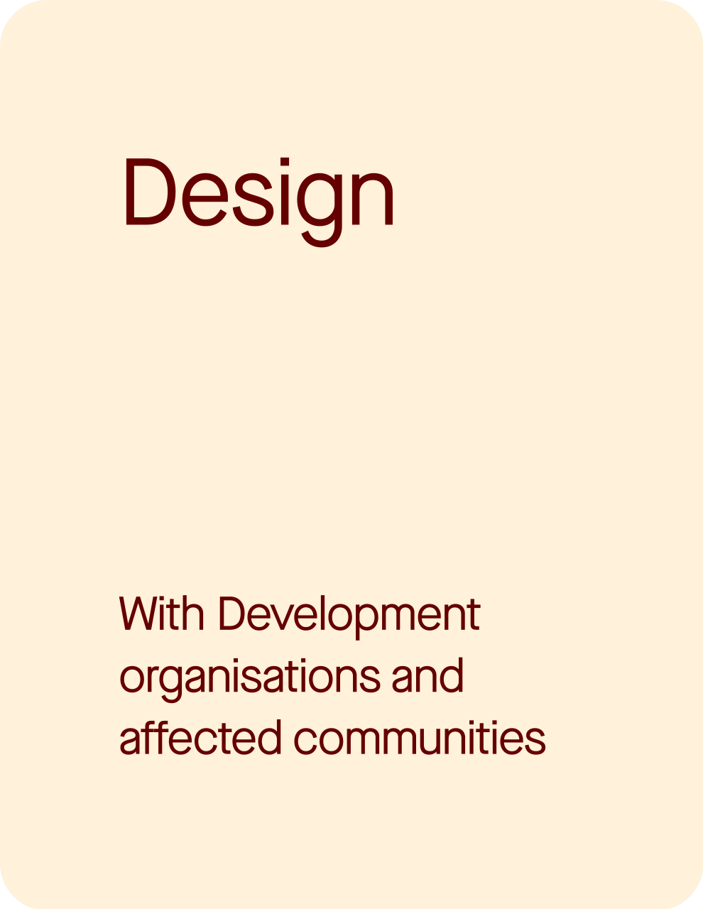 Book cover titled 'Design' with subtitle 'With Development organisations and affected communities' on a cream background.