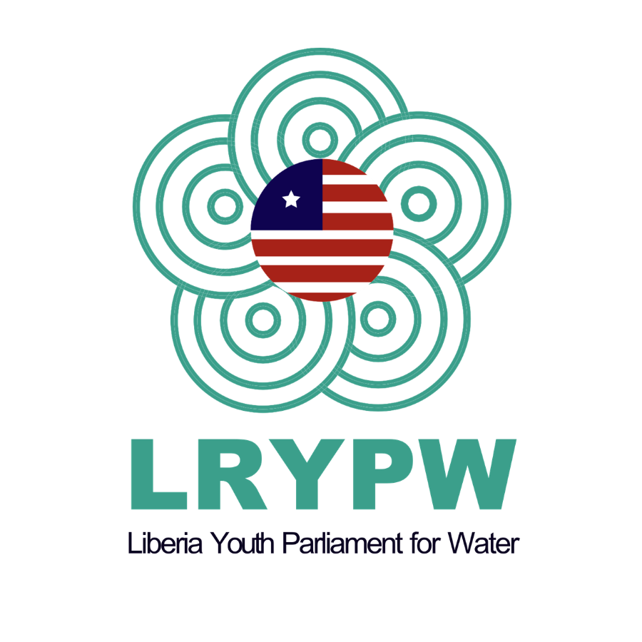 Logo of Liberia Youth Parliament for Water with a stylized flower made of teal concentric circles and a circular emblem featuring the American flag in the center, and the acronym LRYPW with the full name underneath.