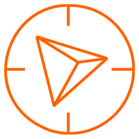 An orange paper airplane inside a circular compass-like frame.