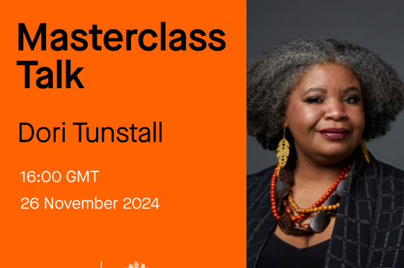 Event poster with orange background promoting a masterclass talk by Dori Tunstall scheduled for November 26, 2024, at 4:00 PM GMT, featuring a portrait of Dori Tunstall with gray hair, statement earrings, and a black blazer.