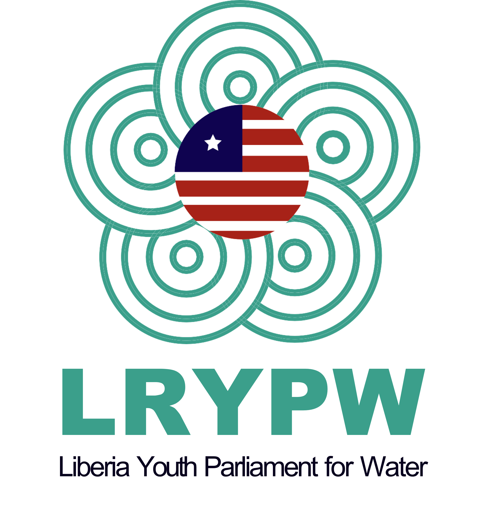 Logo of Liberia Youth Parliament for Water with a stylized flower made of teal concentric circles and a circular emblem featuring the American flag in the center, and the acronym LRYPW with the full name underneath.