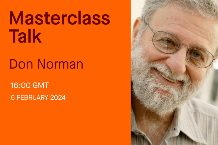 Event poster for a masterclass talk featuring Don Norman on February 6, 2024, at 4:00 PM GMT, with a close-up photo of Don Norman smiling and wearing glasses.