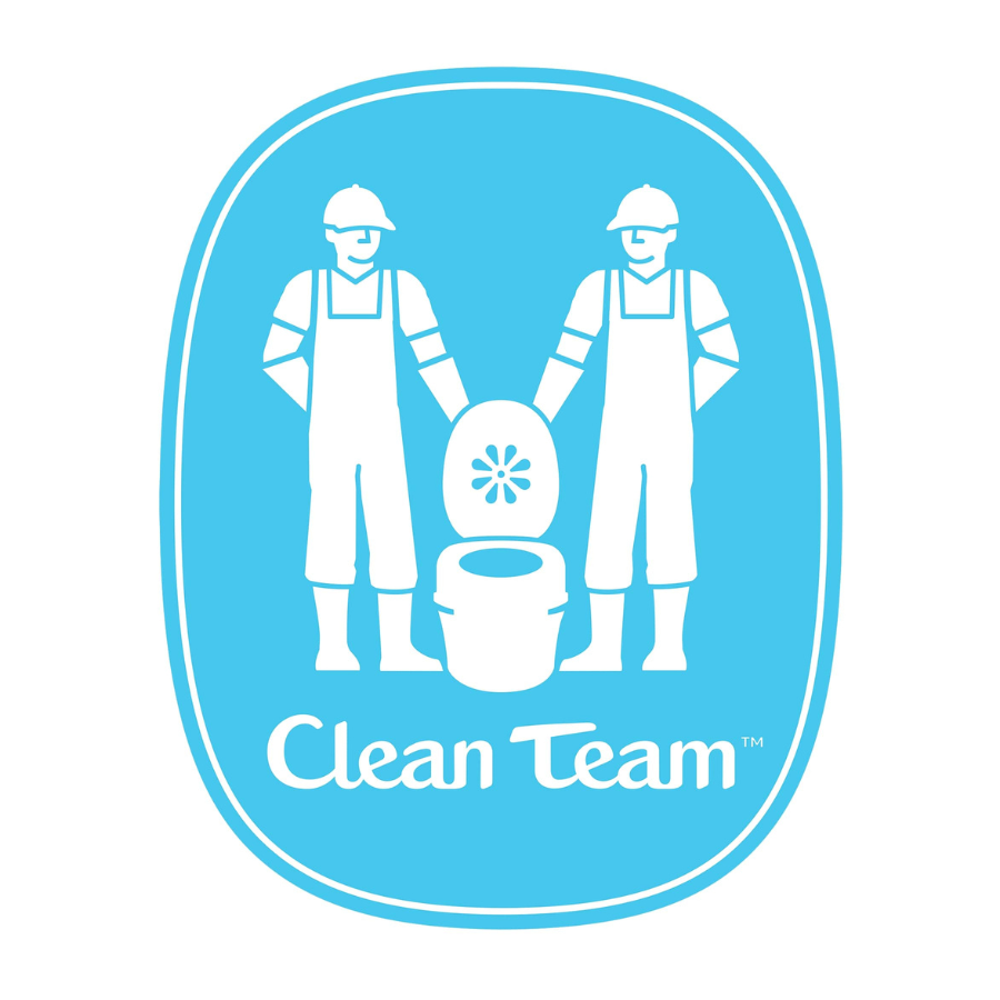 Illustration of two sanitation workers standing beside a toilet, both wearing uniforms and helmets, with the words 'Clean Team' written below.