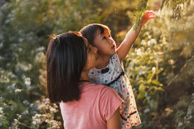 A woman holding a young girl outdoors during sunset, with the girl reaching out towards a branch with leaves in a lush, green setting.