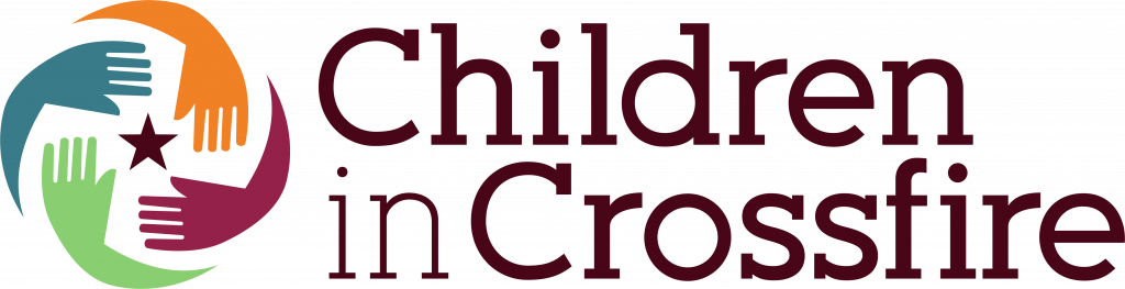 Children in Crossfire logo with stylized hands in a circular pattern and the text 'Children in Crossfire'.