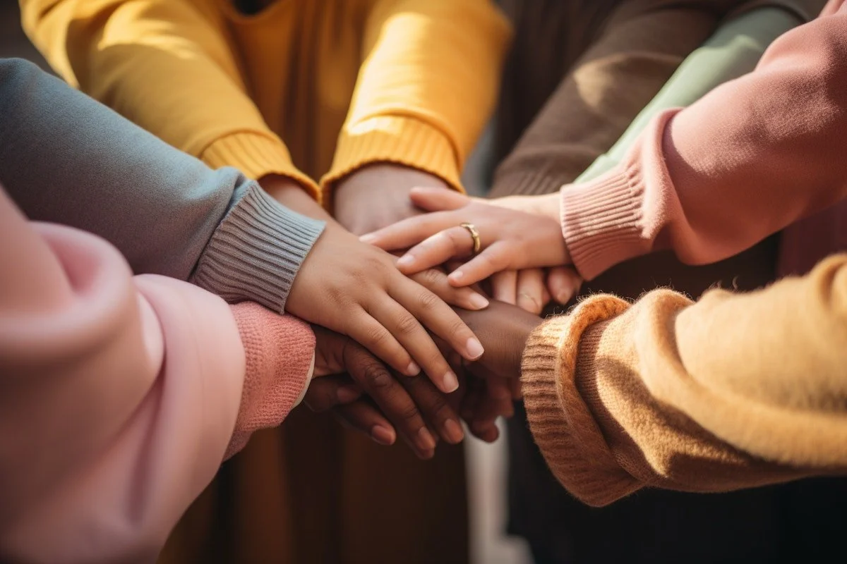 Several people's hands of different skin tones stacked together in a show of unity and teamwork.