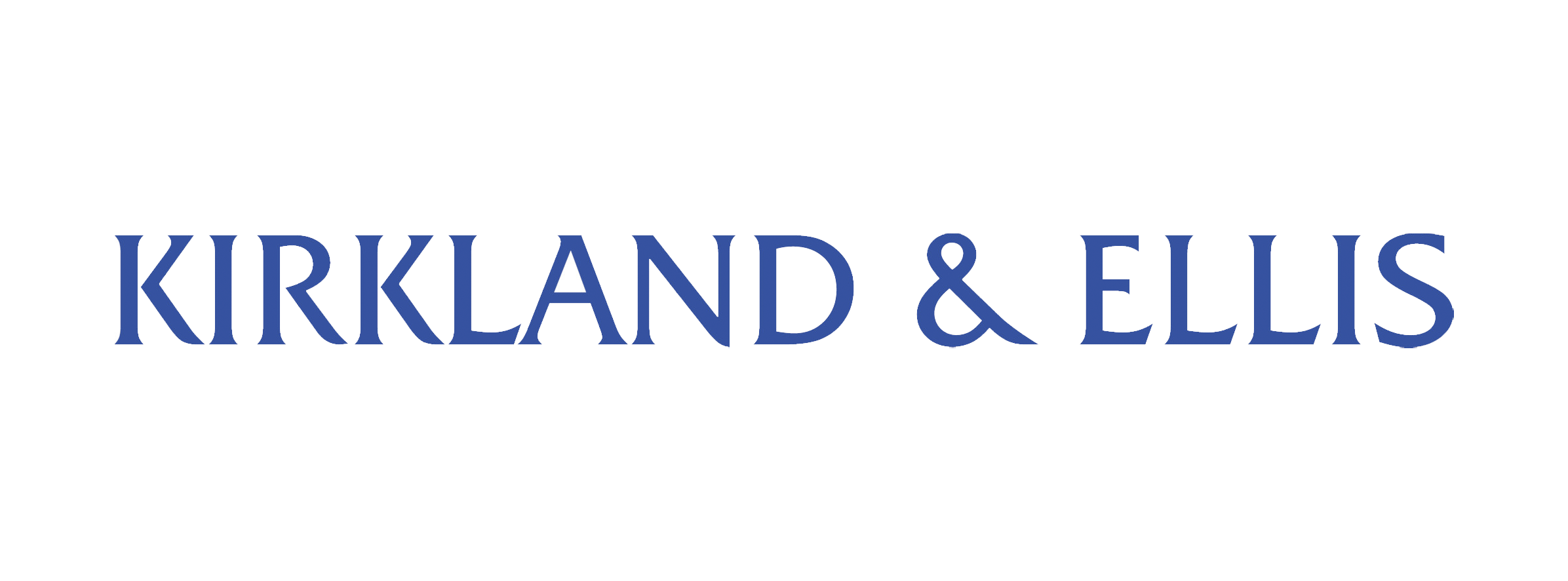 Kirkland & Ellis logo with stylized blue text on a black background