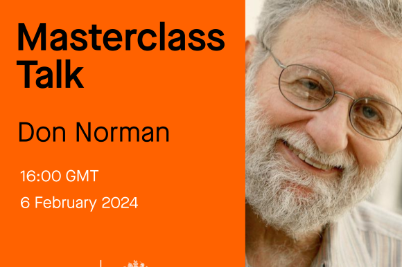 Event poster for a masterclass talk featuring Don Norman on February 6, 2024, at 4:00 PM GMT, with a close-up photo of Don Norman smiling and wearing glasses.