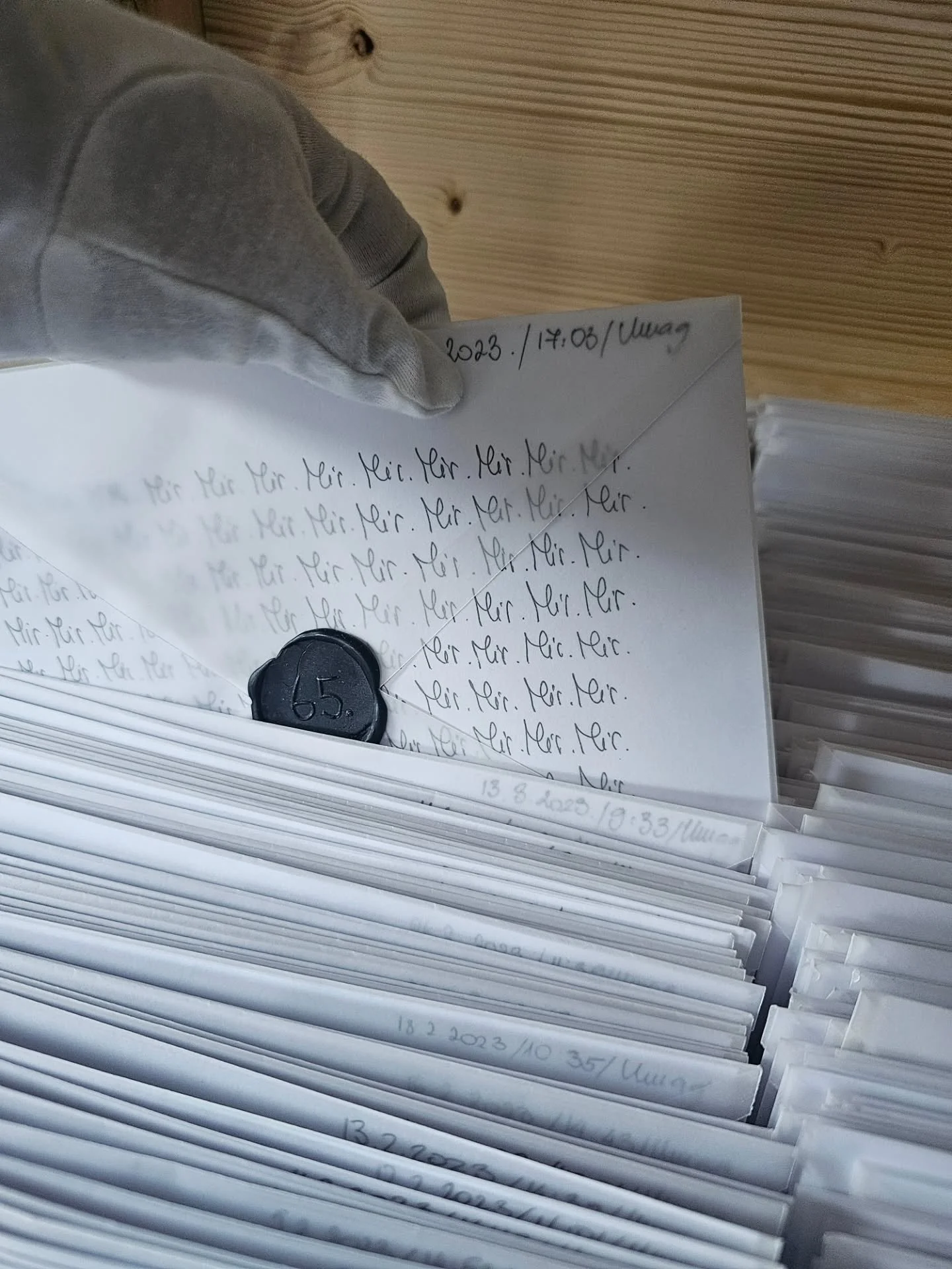 365., art installation
&quot;A daily ritual of writing to self&quot;
At the beginning of 2023, I started a process that turned into 365., a year long commitment to writing one letter to myself each day. Each letter was handwritten on A4 paper, placed