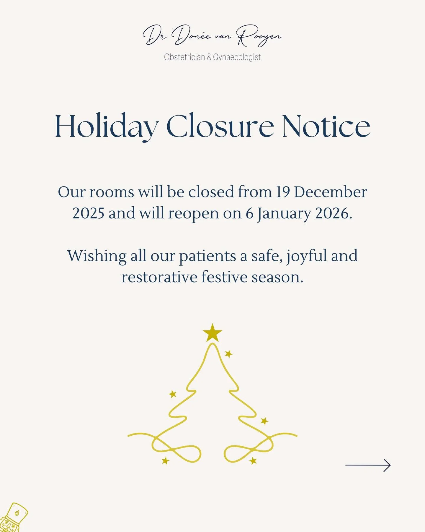 It&rsquo;s that time of year! 🎄Please note that our practice will be closed for the holidays from 19 December and will reopen on 6 January.

For emergencies during this time, please contact the hospital&rsquo;s Emergency Centre or your GP. If you&rs