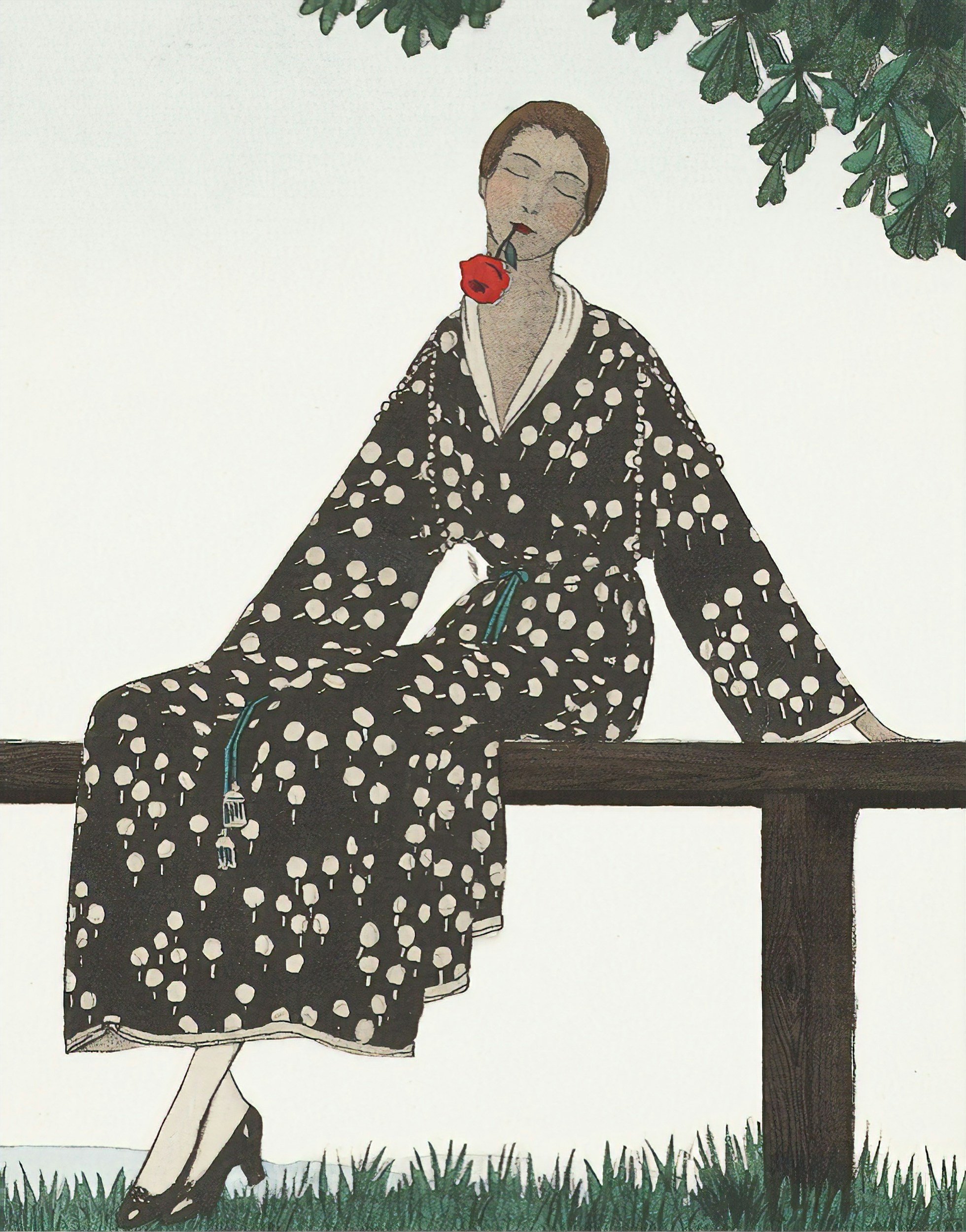 A woman in a black and white polka dot kimono sitting on a wooden railing, with a red flower in her mouth and green leaves above her.