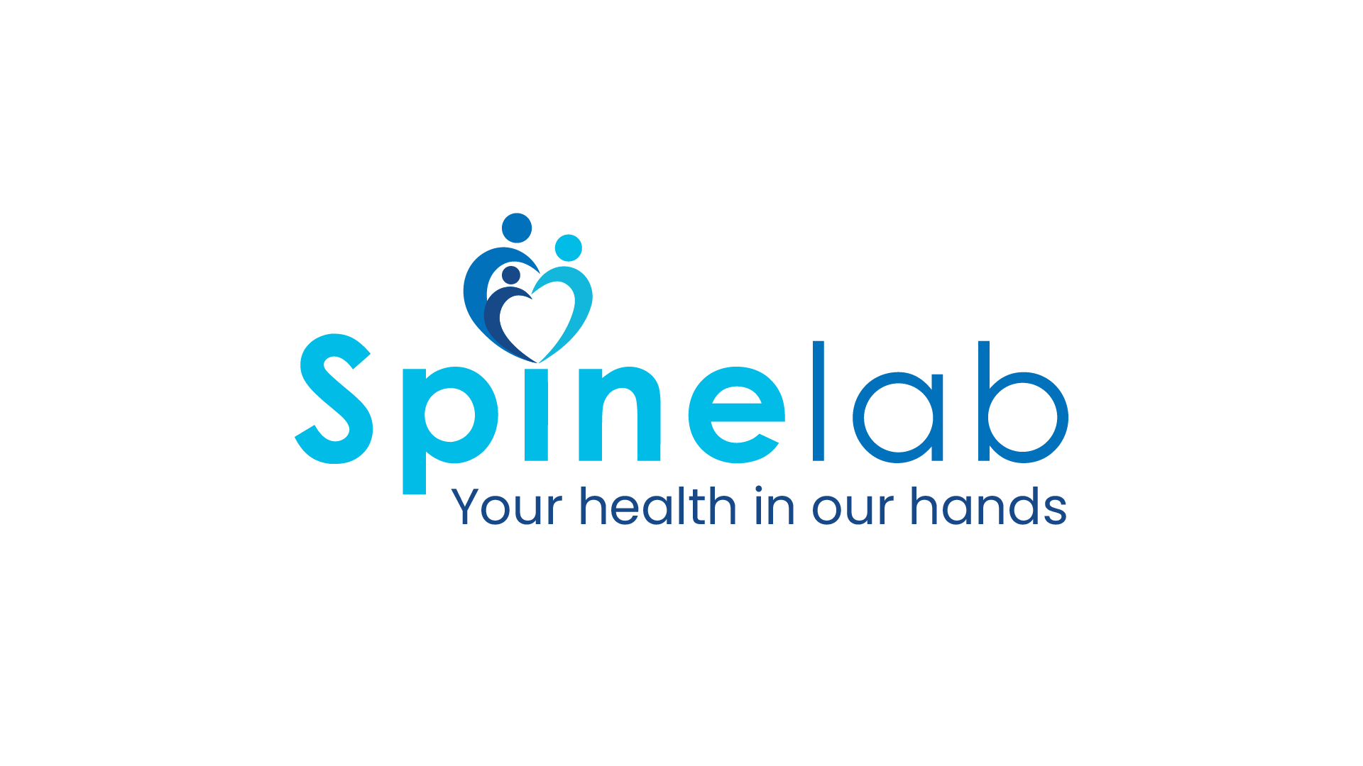 Logo for Spinelab with blue heart-shaped icon of people and the tagline "Your health in our hands."