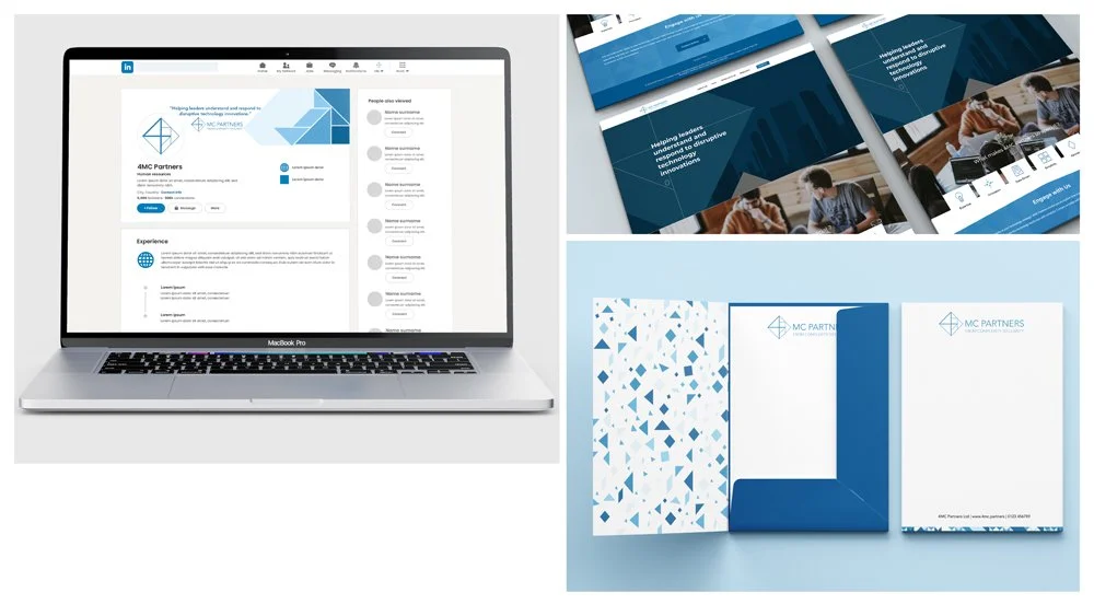 Open MacBook Pro displaying a LinkedIn profile for AMC Partners with a blue geometric logo. To the right, there are printed marketing materials, including a brochure, a leaflet, and a folder, all branding AMC Partners with blue and white designs.