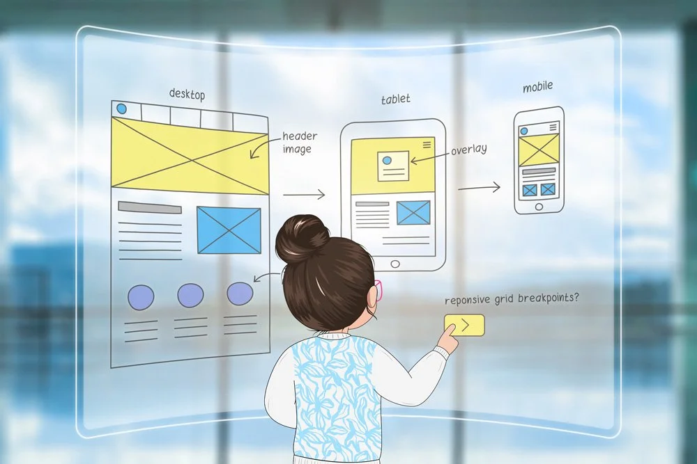 Illustration of website design process on transparent screen, showing desktop, tablet, and mobile layouts, with annotations about header images, overlay, and responsive grid breakpoints, as a woman interacts with the display.