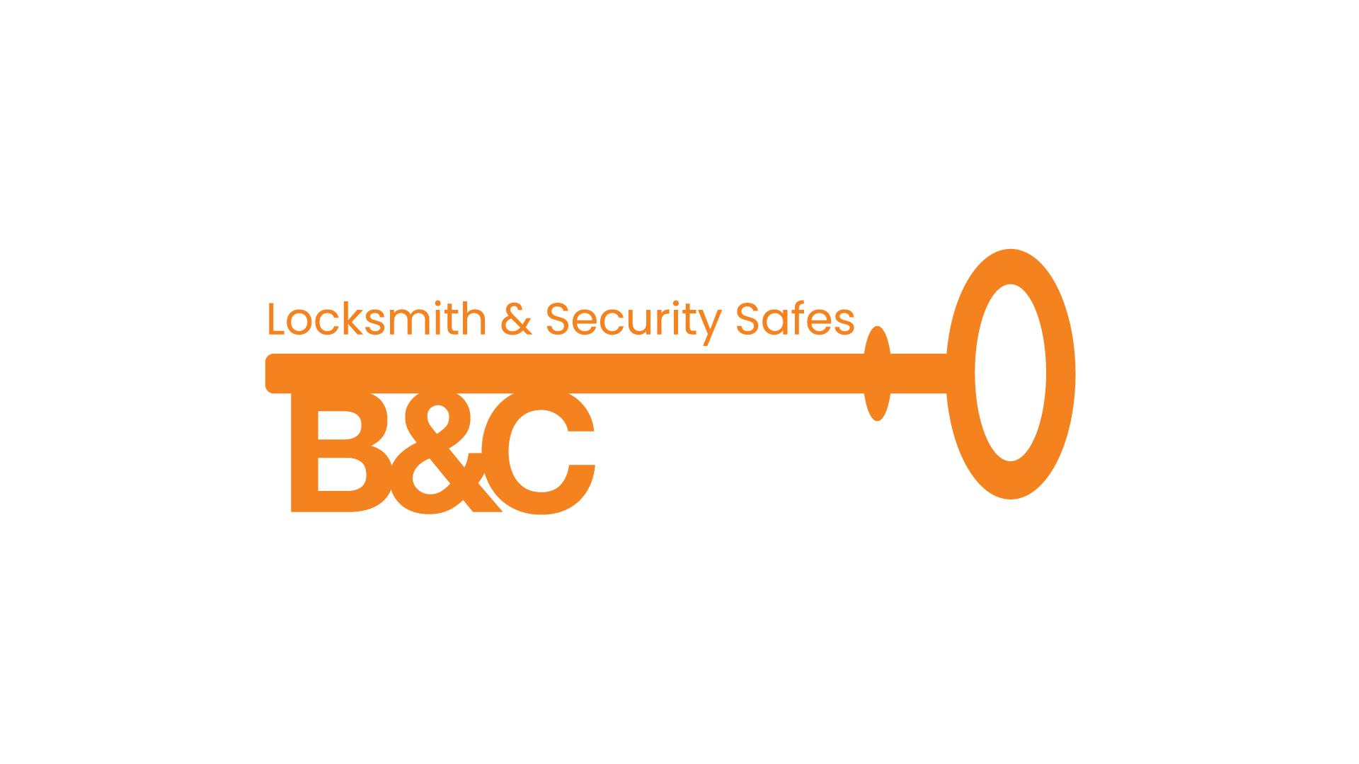 Logo of B&C Locksmith & Security Safes with an orange key graphic and black background.