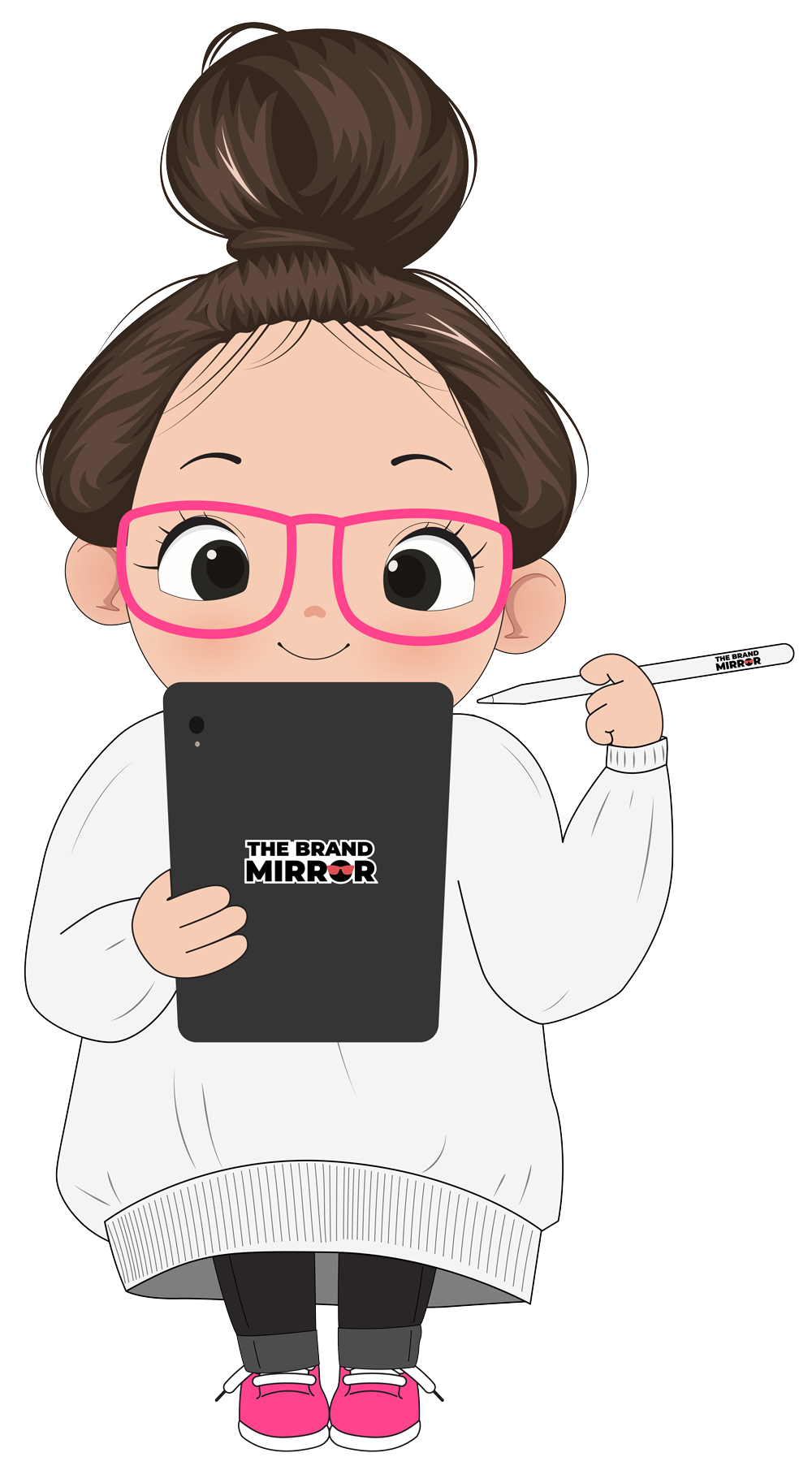 Cartoon girl with brown hair in a bun, pink glasses, wearing a white sweater, holding a black tablet with "The Brand Mirror" logo and a stylus with the same logo, standing on pink shoes.