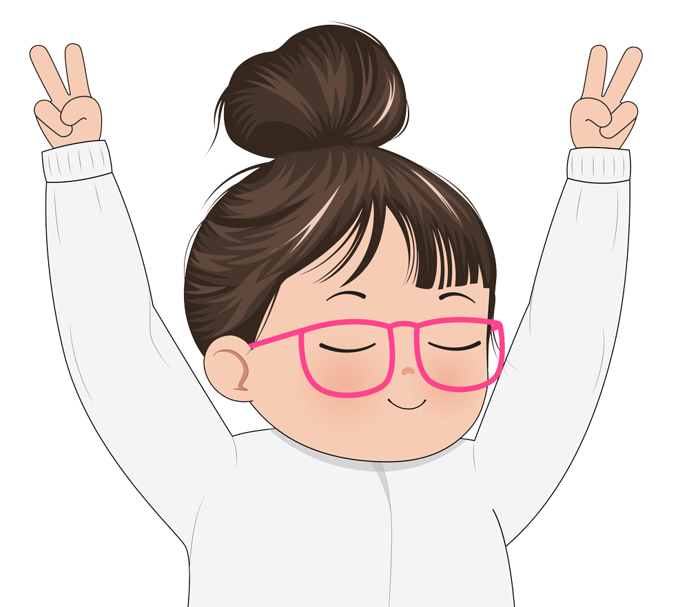 Cartoon girl with glasses and a top bun hairstyle smiling with eyes closed, raising two peace signs with arms extended upwards.